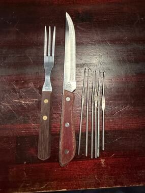 Vintage Emperor Steel Steak Knife/ Meat Fork Lot & 6 Fine Steel Crochet Hooks⁠